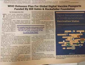 Newspaper caption of WHO releases plan for global digital vaccine passports funded by BG 