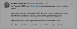 UN Director General Antonio Guterres tweet about the demise of Agenda 2030